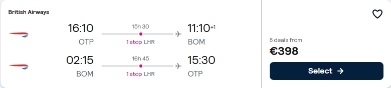 Click here to book this cheap flight deal. Cheap flights from Bucharest, Romania to Mumbai, India for only €396 roundtrip with British Airways. Flight deal ticket image.
