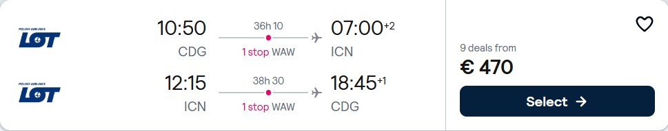 Click here to book this cheap flight deal. Cheap flights from European cities to Seoul, South Korea from only €470 roundtrip with LOT Polish Airlines. Flight deal ticket image.