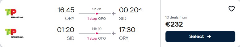 Click here to book this cheap flight deal. Cheap flights from Paris, France to Sal, Cape Verde for only €232 roundtrip with TAP Air Portugal. Flight deal ticket image.