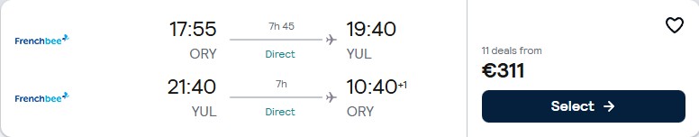 Click here to book this cheap flight deal. Non-stop flights from Paris, France to Montreal, Canada for only €311 roundtrip. Flight deal ticket image.