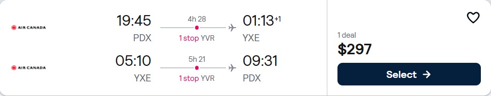 Cheap flights from Portland, Oregon to Saskatoon, Canada for only $297 roundtrip with Air Canada. Flight deal ticket image.