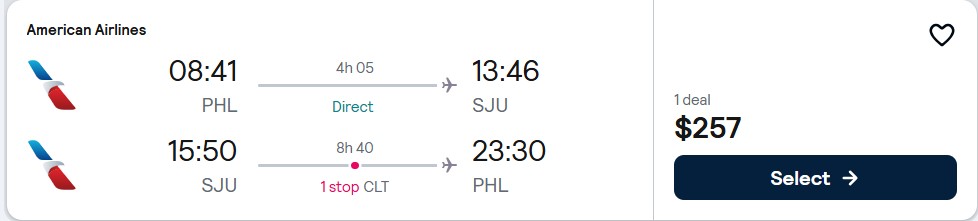 Click here to book this cheap flight deal. Cheap flights from Philadelphia to San Juan, Puerto Rico for only $257 roundtrip with American Airlines. Flight deal ticket image.