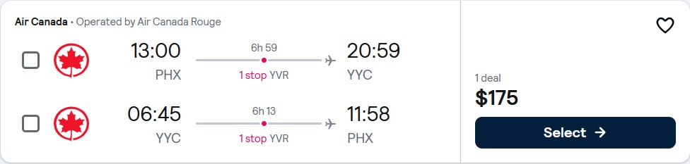 Click here to book this cheap flight deal. Cheap flights from Phoenix, Arizona to Calgary, Canada for only $175 roundtrip with Air Canada. Flight deal ticket image.