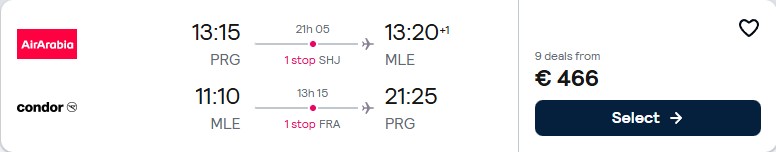 Cheap flights from Prague, Czech Republic to the Maldives for only €469 roundtrip. Flight deal ticket image.