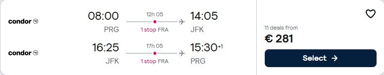 Click here to book this cheap flight deal. Cheap flights from Prague, Czech Republic to New York, USA for only €281 roundtrip. Flight deal ticket image.