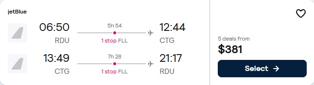 Cheap flights from Raleigh, North Carolina to Cartagena, Colombia for only $381 roundtrip with JetBlue. Flight deal ticket image.