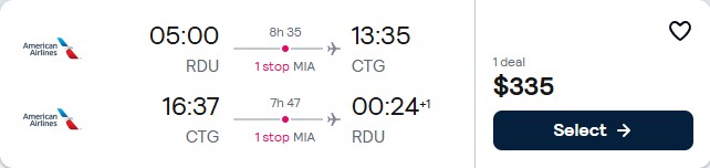 Click here to book this cheap flight deal. Cheap flights from Raleigh, North Carolina to Cartagena, Colombia for only $335 roundtrip with American Airlines. Flight deal ticket image.