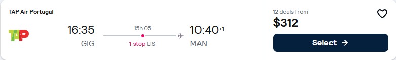 Click here to book this cheap flight deal. Cheap flights from Rio de Janeiro, Brazil to Manchester, UK for only $312 USD one-way with TAP Air Portugal. Flight deal ticket image.