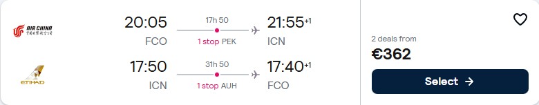 Cheap flights from Rome, Italy to Seoul, South Korea for only €362 roundtrip with Etihad Airways. Flight deal ticket image.