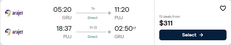 Click here to book this cheap flight deal. Non-stop flights from Sao Paulo, Brazil to the Dominican Republic for only $311 USD roundtrip. Flight deal ticket image.