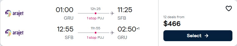 Cheap flights from Sao Paulo, Brazil to Sanford, Florida for only $466 USD roundtrip. Flight deal ticket image.