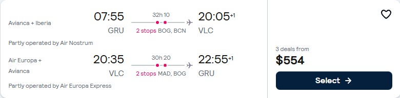 Cheap flights from Sao Paulo, Brazil to Valencia, Spain for only $554 USD roundtrip with Avianca and Air Europa. Flight deal ticket image.