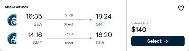 Click here to book this cheap flight deal. Non-stop flights from Seattle to Sacramento, California for only $140 roundtrip with Alaska Airlines. Also works in reverse. Flight deal ticket image.