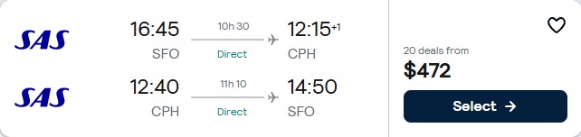 Click here to book this cheap flight deal. Non-stop flights from San Francisco to Copenhagen, Denmark for only $472 roundtrip with Scandinavian Airlines. Flight deal ticket image.