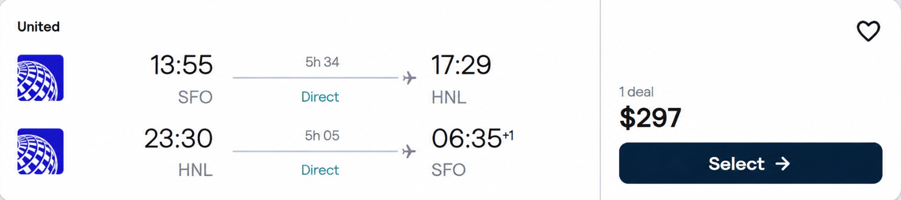 Click here to book this cheap flight deal. Non-stop flights from San Francisco to Honolulu, Hawaii for only $311 roundtrip with United Airlines. Also works in reverse. Flight deal ticket image.