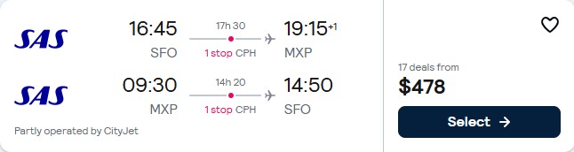 Click here to book this cheap flight deal. Cheap flights from San Francisco to Milan, Italy for only $478 roundtrip with Scandinavian Airlines. Flight deal ticket image.