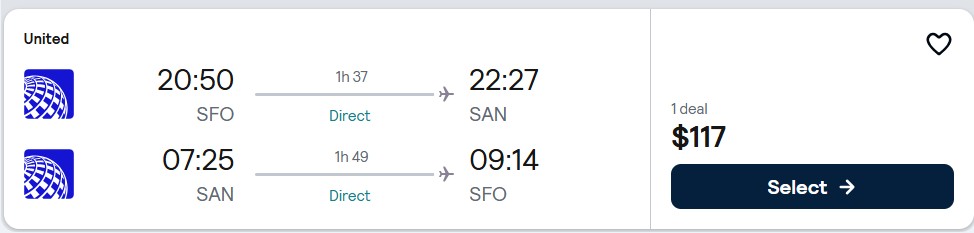 Click here to book this cheap flight deal. Non-stop, Christmas and New Year flights from San Francisco to San Diego for only $117 roundtrip with United Airlines. Also works in reverse. Flight deal ticket image.