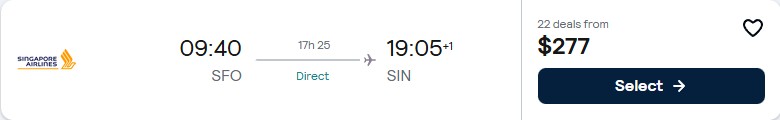 Click here to book this cheap flight deal. Non-stop flights from San Francisco to Singapore for only $277 one-way with Singapore Airlines. Flight deal ticket image.