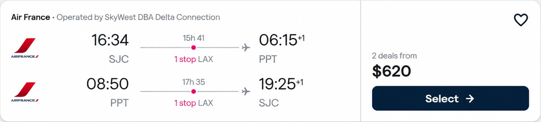 Click here to book this cheap flight deal. Christmas and New Year flights from San Jose, California to Tahiti, French Polynesia for only $620 roundtrip with Delta Air Lines and Air France. Flight deal ticket image.
