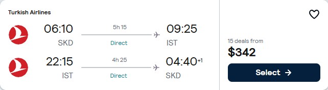 Non-stop, Christmas and New Year flights from Samarkand, Uzbekistan to Istanbul, Turkey for only $342 USD roundtrip with Turkish Airlines. Flight deal ticket image.