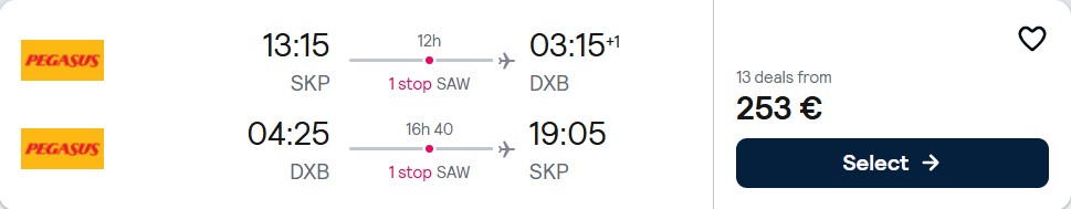 Click here to book this cheap flight deal. Cheap flights from Skopje, Macedonia to Dubai, UAE for only €253 roundtrip. Flight deal ticket image.
