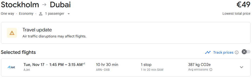 Click here to book this cheap flight deal. Cheap flights from Stockholm, Sweden to Dubai, UAE for only €49 one-way. Flight deal ticket image.