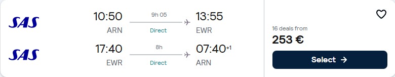 Click here to book this cheap flight deal. Non-stop flights from Stockholm, Sweden to New York, USA for only €253 roundtrip with Scandinavian Airlines. Flight deal ticket image.