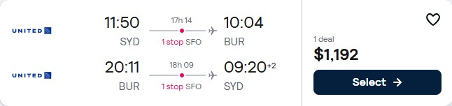 Cheap flights from Sydney, Australia to Burbank, California for only $1192 AUD roundtrip with United Airlines. Flight deal ticket image.