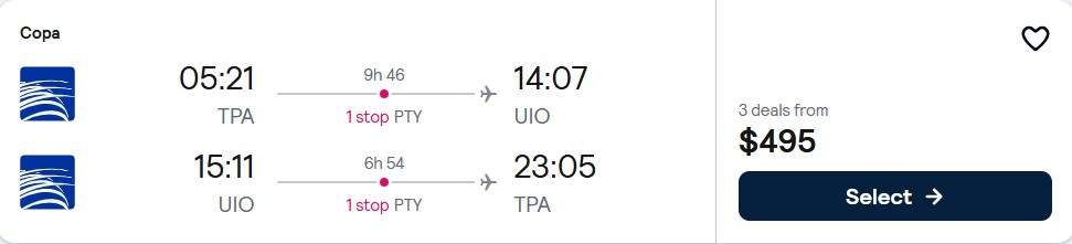 Click here to book this cheap flight deal. Cheap flights from Tampa, Florida to Quito, Ecuador for only $495 roundtrip with Copa Airlines. Flight deal ticket image.