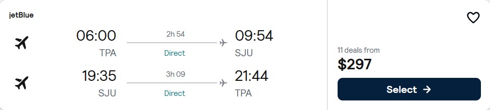 Click here to book this cheap flight deal. Non-stop flights from Tampa, Florida to San Juan, Puerto Rico for only $297 roundtrip with JetBlue. Flight deal ticket image.