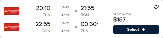 Click here to book this cheap flight deal. Non-stop flights from Tunis, Tunisia to Barcelona, Spain for only $157 USD roundtrip with Tunisair. Flight deal ticket image.