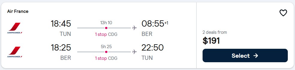 Click here to book this cheap flight deal. Cheap flights from Tunis, Tunisia to Berlin, Germany for only $191 USD roundtrip with Air France. Flight deal ticket image.