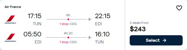 Click here to book this cheap flight deal. Cheap flights from Tunis, Tunisia to Edinburgh, Scotland for only $243 USD roundtrip with Air France. Flight deal ticket image.