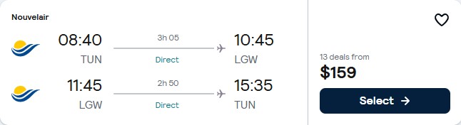 Click here to book this cheap flight deal. Non-stop flights from Tunis, Tunisia to London, UK for only $159 USD roundtrip. Flight deal ticket image.