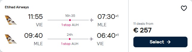 Click here to book this cheap flight deal. Cheap flights from Vienna, Austria to the Maldives for only €257 roundtrip with Etihad Airways. Flight deal ticket image.