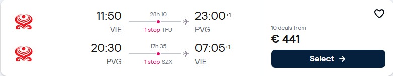 Click here to book this cheap flight deal. Cheap flights from Vienna, Austria to Shanghai, China for only €441 roundtrip with Hainan Airlines. Flight deal ticket image.
