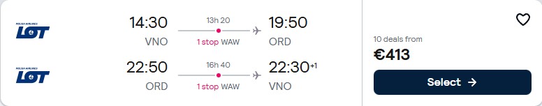 Click here to book this cheap flight deal. Cheap flights from Vilnius, Lithuania to Chicago, USA for only €413 roundtrip with LOT Polish Airlines. Flight deal ticket image.