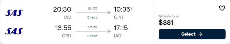 Click here to book this cheap flight deal. Non-stop flights from Washington DC to Copenhagen, Denmark for only $381 roundtrip with Scandinavian Airlines. Flight deal ticket image.