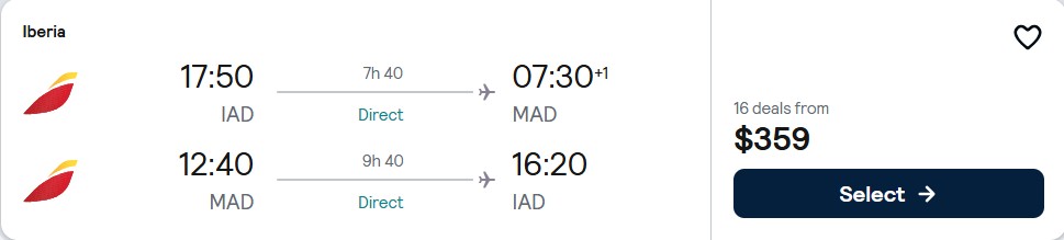 Click here to book this cheap flight deal. Non-stop flights from Washington DC to Madrid, Spain for only $359 roundtrip with Iberia. Flight deal ticket image.