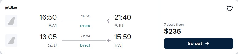Non-stop flights from Washington DC to San Juan, Puerto Rico for only $236 roundtrip with JetBlue. Flight deal ticket image.