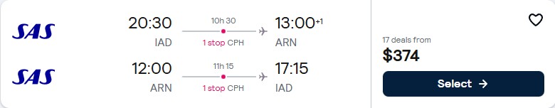 Click here to book this cheap flight deal. Cheap flights from Washington DC to Stockholm, Sweden for only $374 roundtrip with Scandinavian Airlines. Flight deal ticket image.