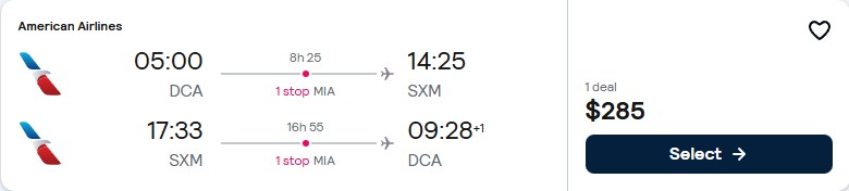 Click here to book this cheap flight deal. Cheap flights from Washington DC to St. Martin for only $285 roundtrip with American Airlines. Flight deal ticket image.