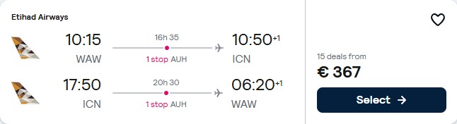 Click here to book this cheap flight deal. Cheap flights from Warsaw, Poland to Seoul, South Korea for only €367 roundtrip with Etihad Airways. Flight deal ticket image.