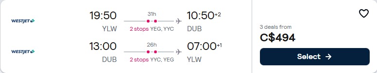 Click here to book this cheap flight deal. Cheap flights from Kelowna, Canada to Dublin, Ireland for only $494 CAD roundtrip. Flight deal ticket image.