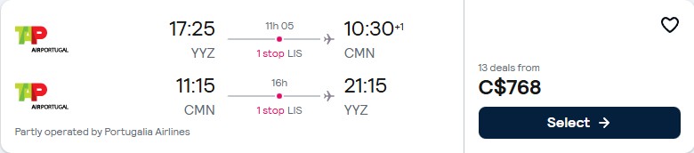 Click here to book this cheap flight deal. Cheap flights from Toronto, Canada to Casablanca, Morocco for only $768 CAD roundtrip with TAP Air Portugal. Flight deal ticket image.