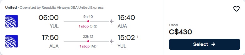 Click here to book this cheap flight deal. Cheap flights from Montreal, Canada to Aruba for only $430 CAD roundtrip with United Airlines. Flight deal ticket image.