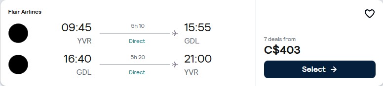 Non-stop flights from Vancouver, Canada to Guadalajara, Mexico for only $403 CAD roundtrip. Flight deal ticket image.