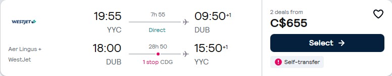 Cheap flights from Calgary, Canada to Dublin, Ireland for only $655 CAD roundtrip with Aer Lingus. Flight deal ticket image.