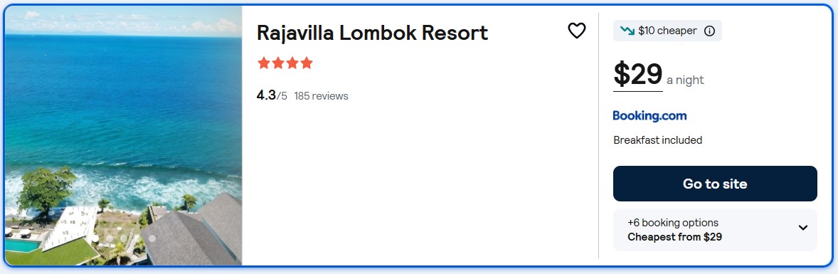 Stay at the 4 Stars* Rajavilla Lombok Resort in Lombok, Indonesia for only $29 USD per night. Flight deal ticket image.