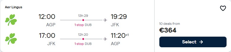 Cheap flights from Malaga, Spain to New York, USA for only €364 roundtrip with Aer Lingus. Flight deal ticket image.